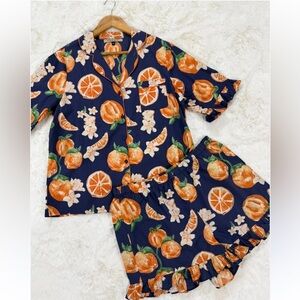 ANTHROPOLOGIE Their Nibs Pajama Set Women XL Blue & Orange Citrus Print NEW